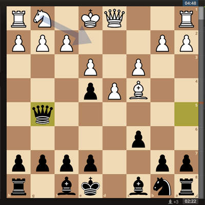 Позиция после 7. ... Ф:g5. Белые сдались.