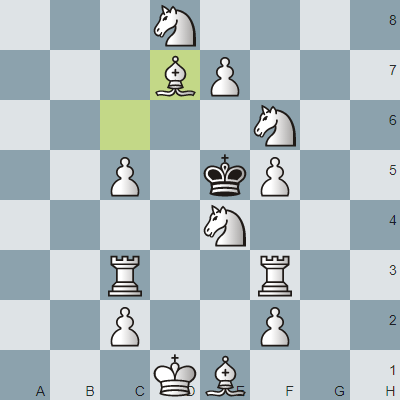Позиция после второго хода белых. 1.d8=N Ke5 2.Bd7