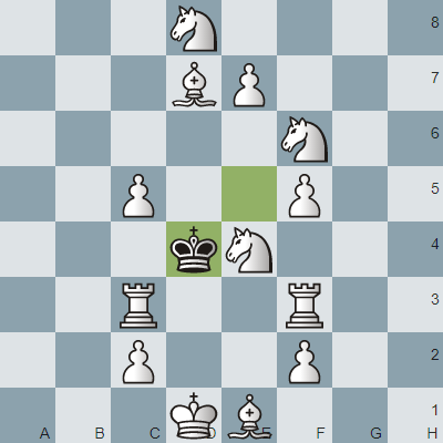 Позиция после второго хода черных. 1.d8=N Ke5 2.Bd7 Kd4