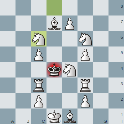 Позиция после третьего хода белых. 1.d8=N Ke5 2.Bd7 Kd4 3.Nc6#