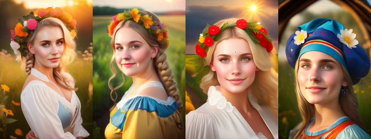 4 красивые молодые женщины в украинских национальных одеждах.