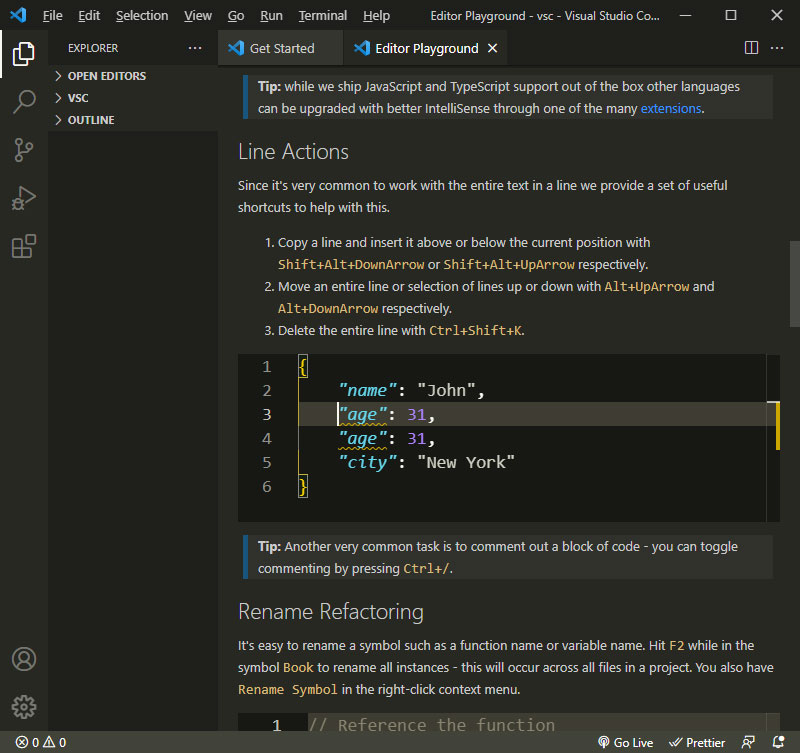 Visual Studio Code. Help - Get Started - Walkthroughs. "Learn the Fundamentals" "Изучаем основы". Redefine your editing skills. Прокачайте свои навыки редактирования. Копирование строки и вставка ее контента вверх или вниз от текущей позиции.