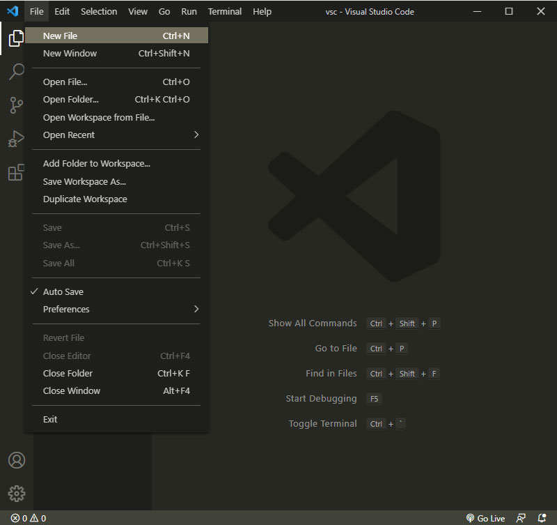 Visual Studio Code. File - New File Ctrl+N