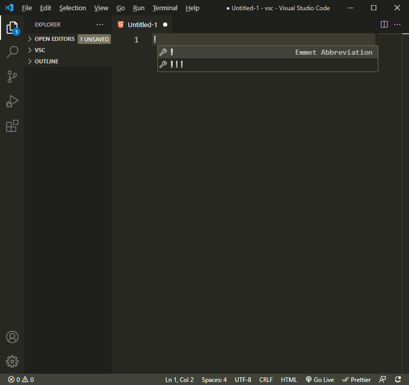 Visual Studio Code. Здесь, не пугаясь белого (или черного) пустого листа, смело набираем 1 символ "!". Должно появиться контекстное меню.